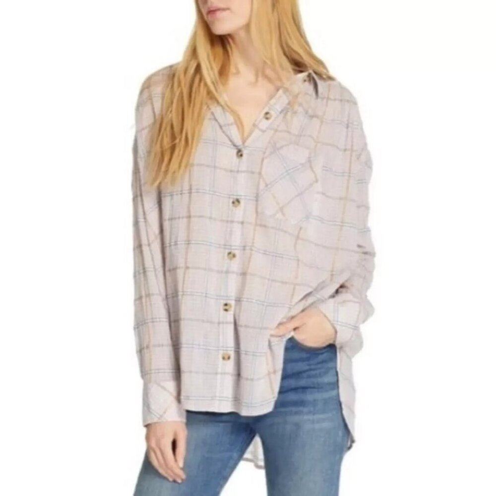 Free People XS Top Break My Stripe Plaid Shirt Oversized‎ Boho Hippie Ivy League